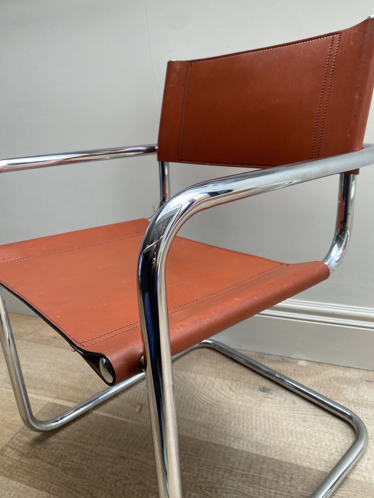 Mid Century Modern Tan Leather Cantilever Chair,  Mart Stam S34 Style 1970s photo furniture