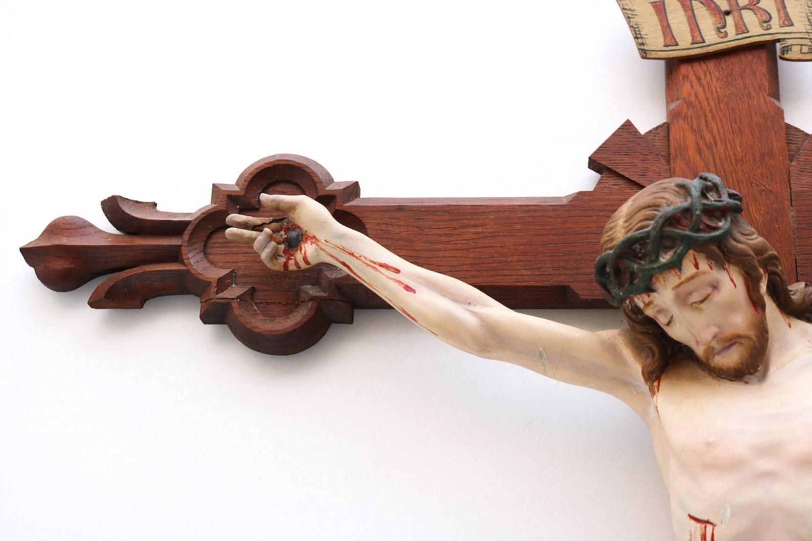 Groot Frans Antiek Christus Crucifix, 19e Eeuw, Fleur De Lis, Corpus Beschilderd photo furniture