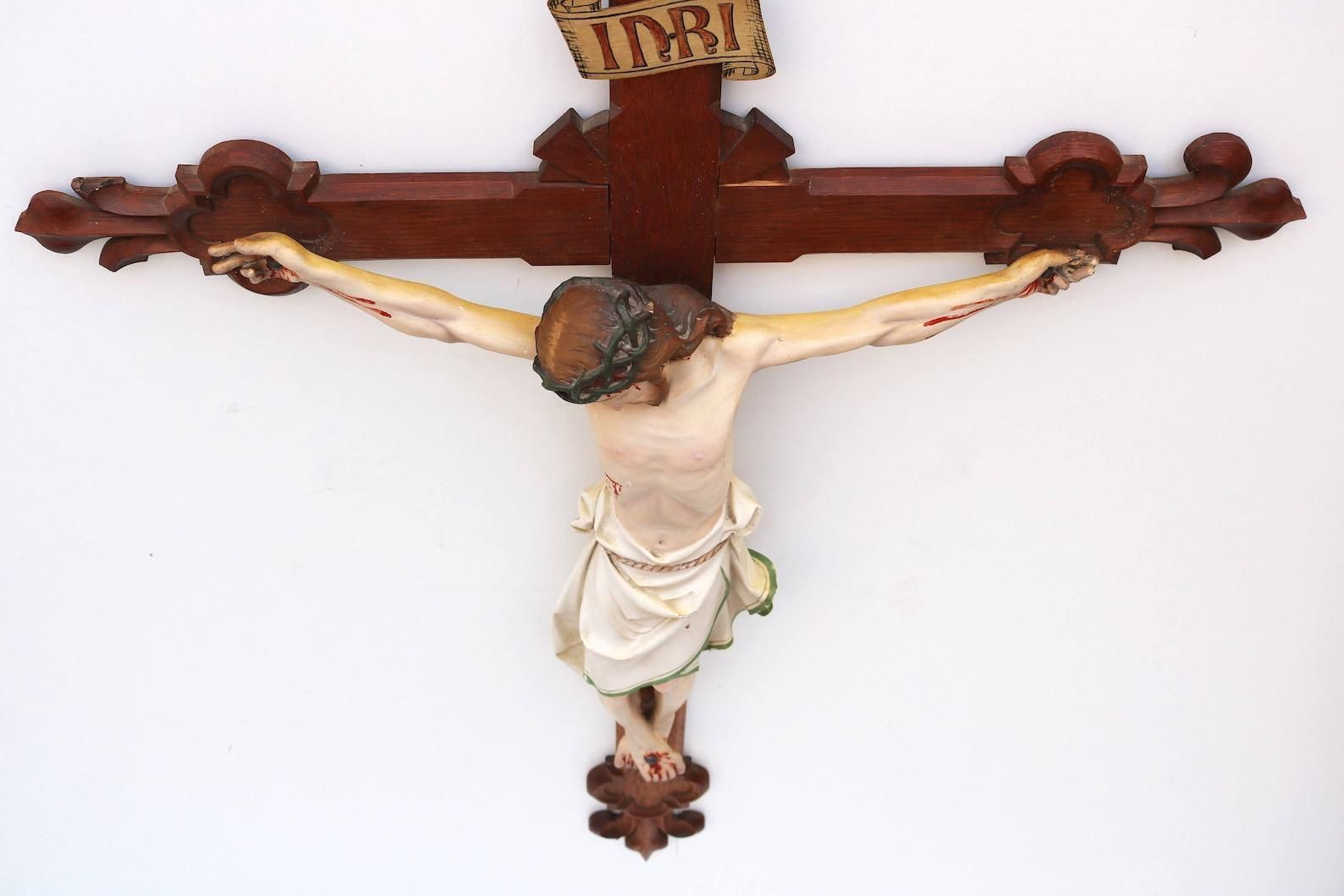 Groot Frans Antiek Christus Crucifix, 19e Eeuw, Fleur De Lis, Corpus Beschilderd photo Kunst