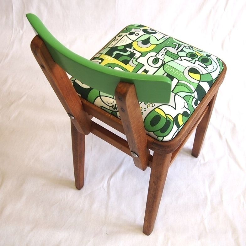 Children’s Stool. 1950’s Classic Square Stool With A Drop In Seat And Back Rest. Modern Green Funky Upholstery. photo 100.0