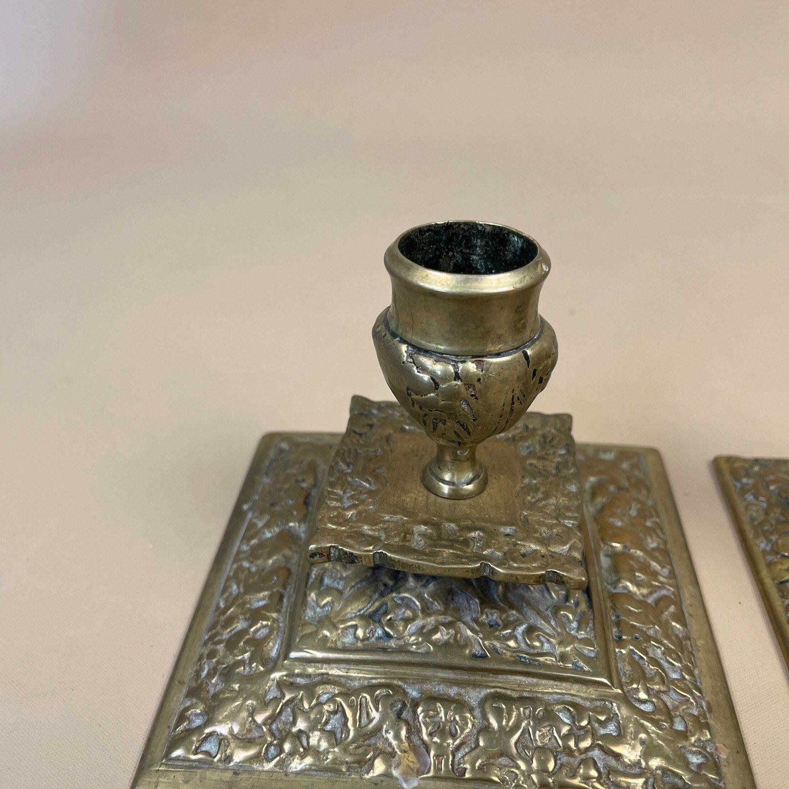 Antique Brass Candlestick Holders Gold Metal Matching Pair Victorian Style Ornate Square Base Vintage Dining Table Mantle Piece Decoration photo Home Decor