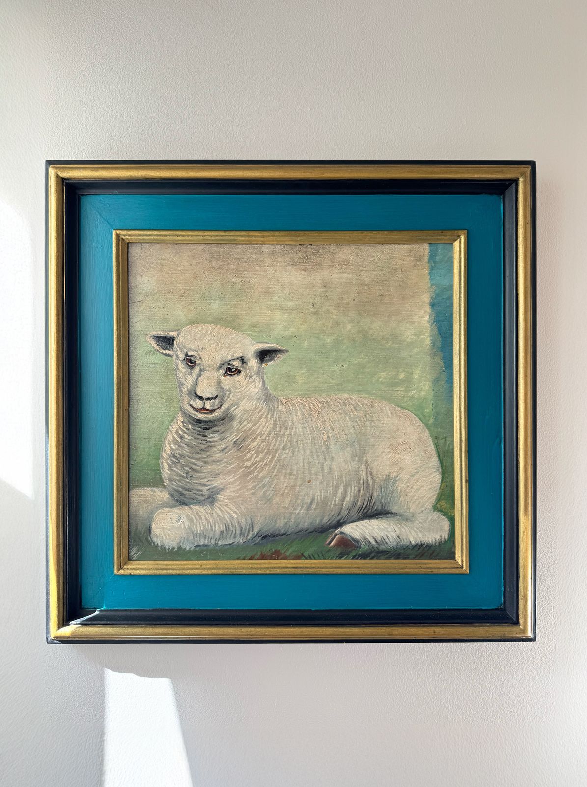 Antique Oil On Board — Sheep Pastoral, Framed photo Art
