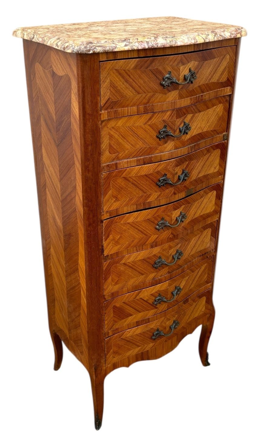 French Marquetry And Marble Top Tall Chest Of Seven Drawers