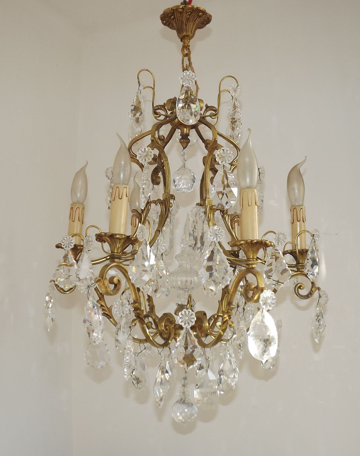 Large French Art Nouveau Acanthus 6 Light Bronze & Crystal Cage Chandelier photo for sale