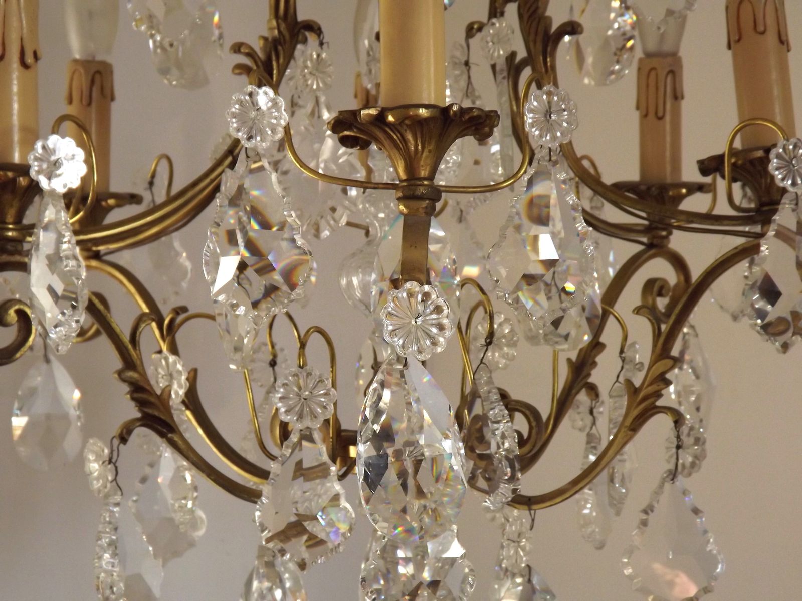 Lighting Large French Art Nouveau Acanthus 6 Light Bronze & Crystal Cage Chandelier photo