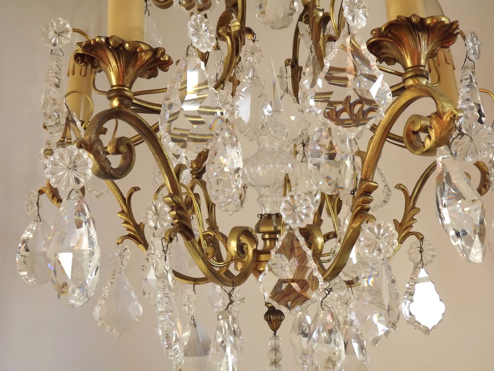1995.0 Large French Art Nouveau Acanthus 6 Light Bronze & Crystal Cage Chandelier photo