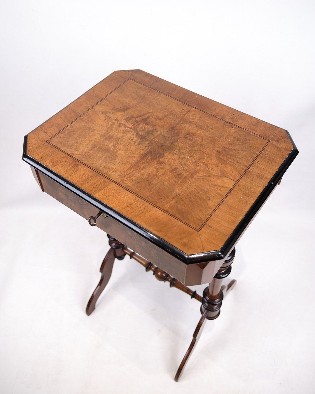 Antique Sewing/Side Table With Built In Storage   Hand Polished Mahogany   Turned Legs   Year 1890s photo for sale