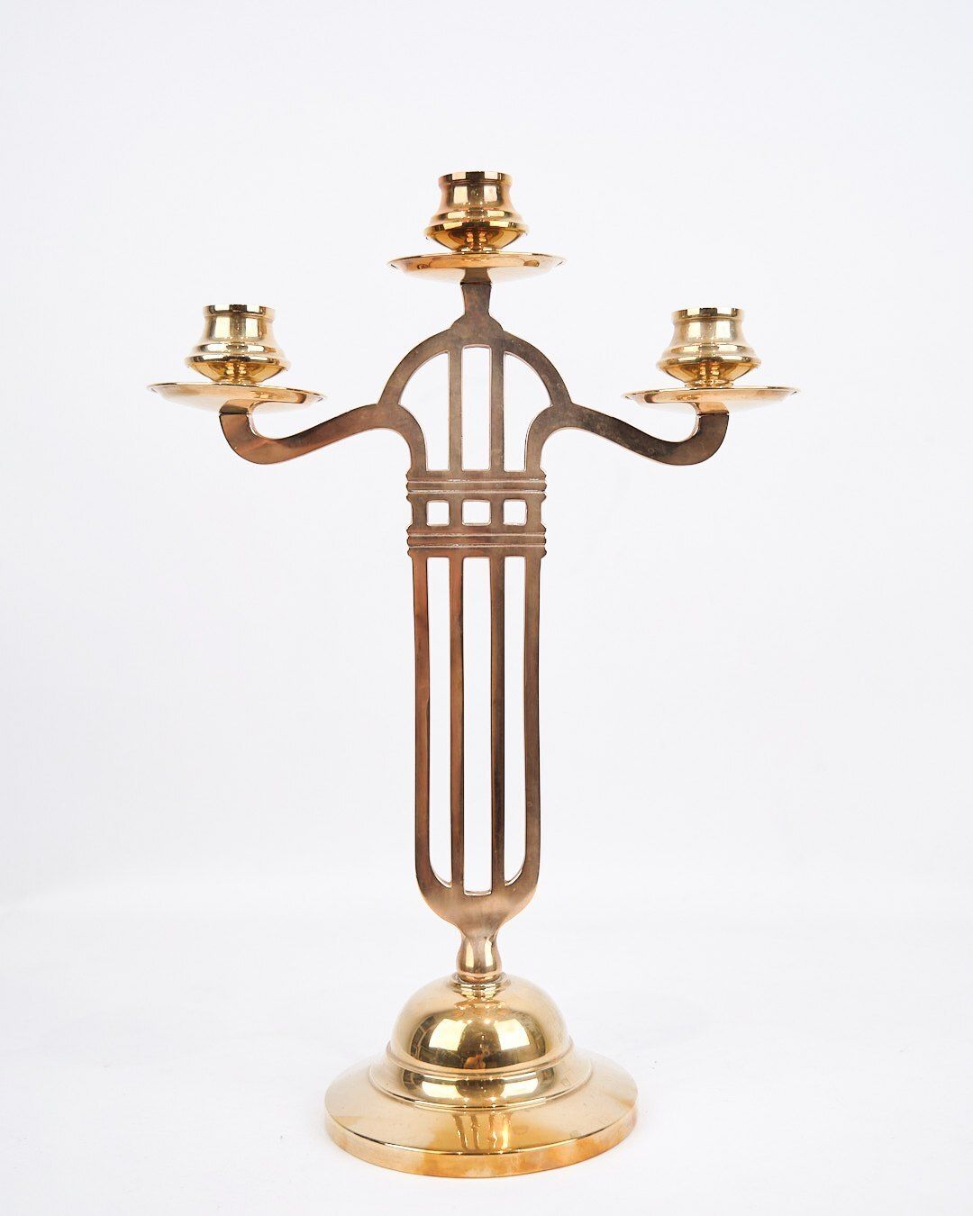 Set Of Two Tall Three Armed Candlesticks   Brass   Art Nouveau Style   1920s photo furniture