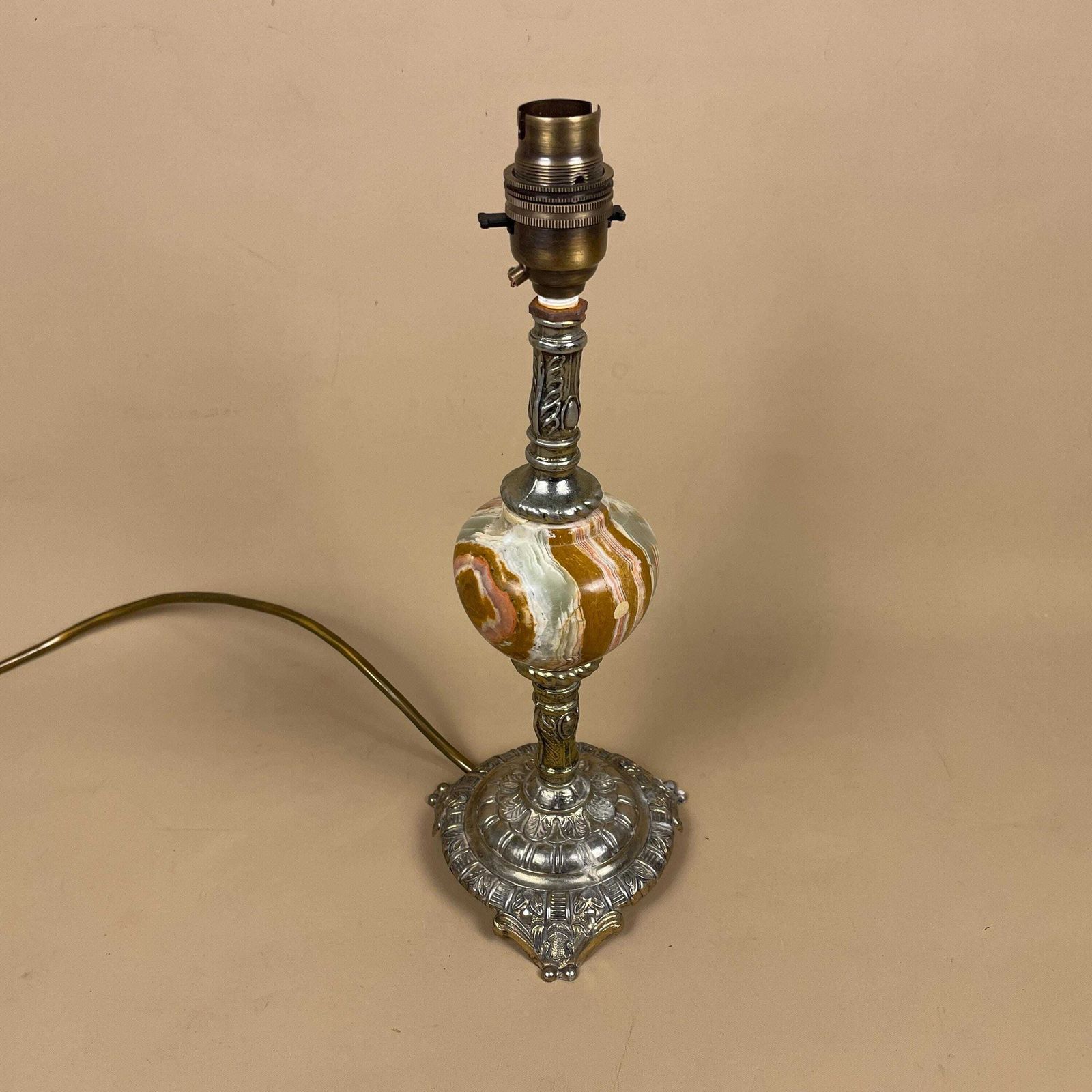 Antique Onyx Marble Lamp Light Bedside Brass Metal Gold Ornate Vintage Round Base With Feet Column Marbled Green Beige Natural Classic