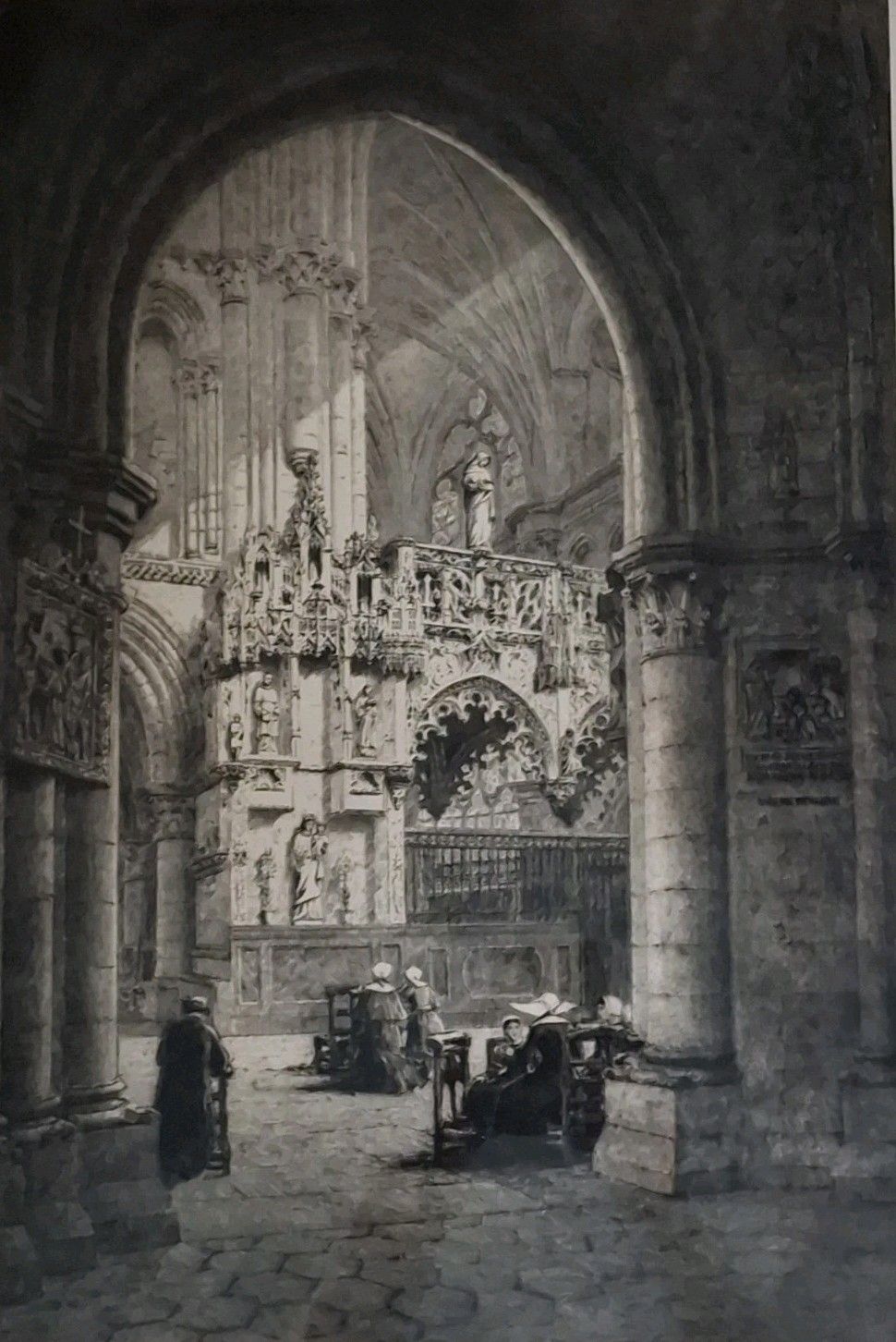 Antique Large  Axel Haig Etching Church Eglise Sainte Madeleine Troyes France photo furniture