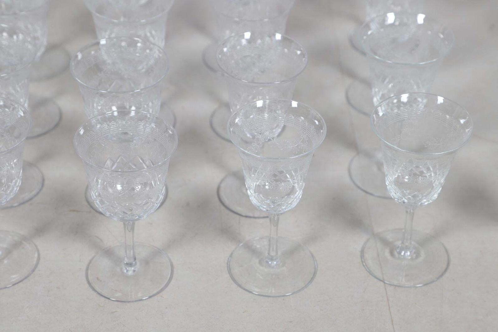 Crystal Decanters Stemware, Antique Cut Glass Table Suite Etched Faceted Design photo furniture