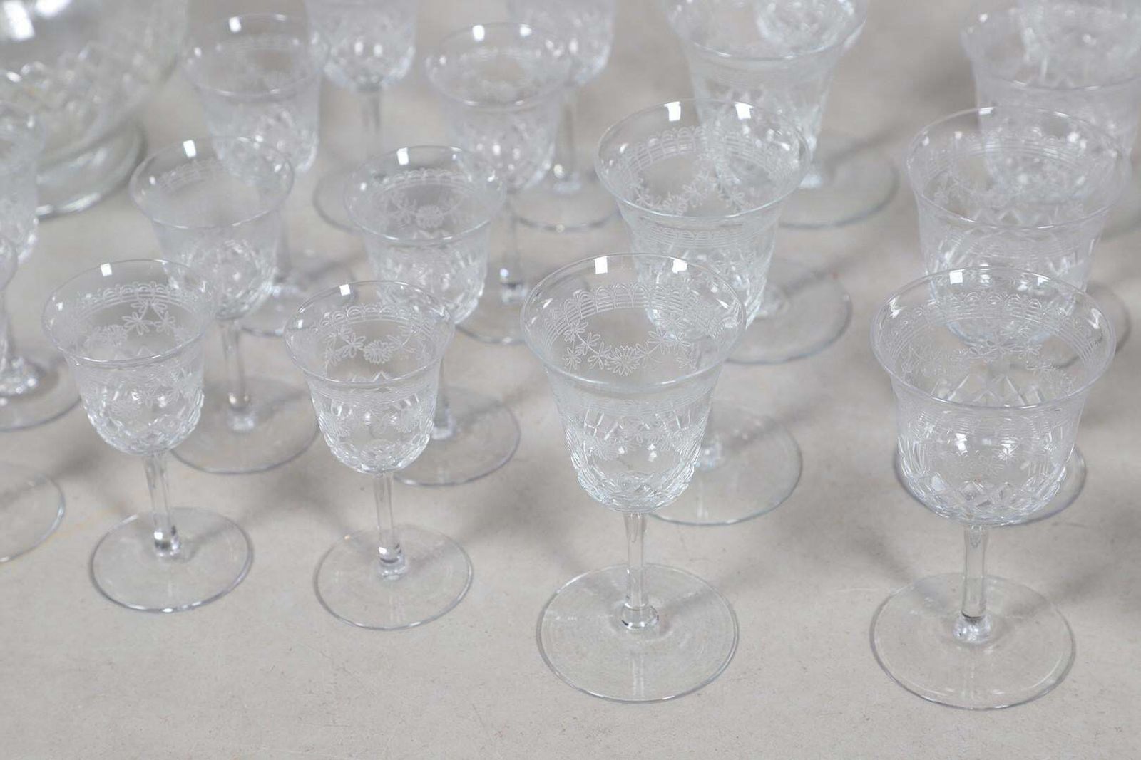 Crystal Decanters Stemware, Antique Cut Glass Table Suite Etched Faceted Design photo for sale