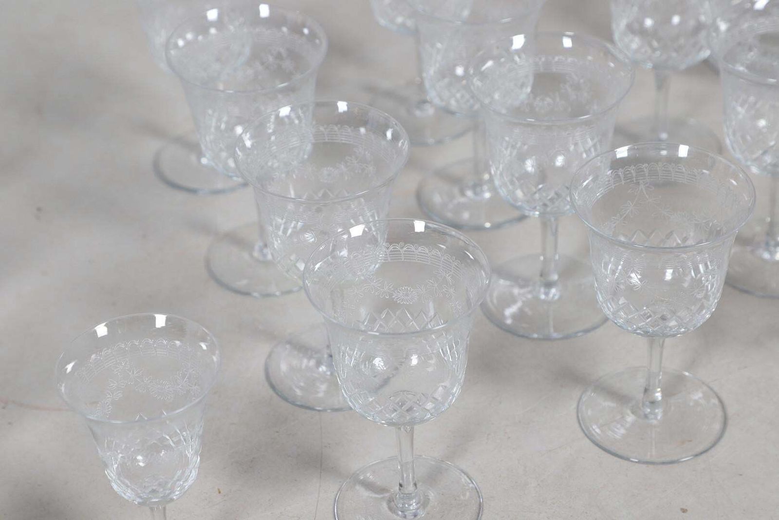 photo vinterior Crystal Decanters Stemware, Antique Cut Glass Table Suite Etched Faceted Design