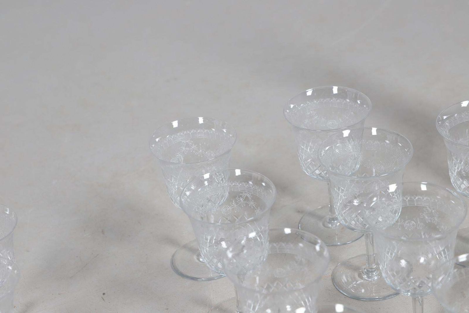 photo vintage Crystal Decanters Stemware, Antique Cut Glass Table Suite Etched Faceted Design