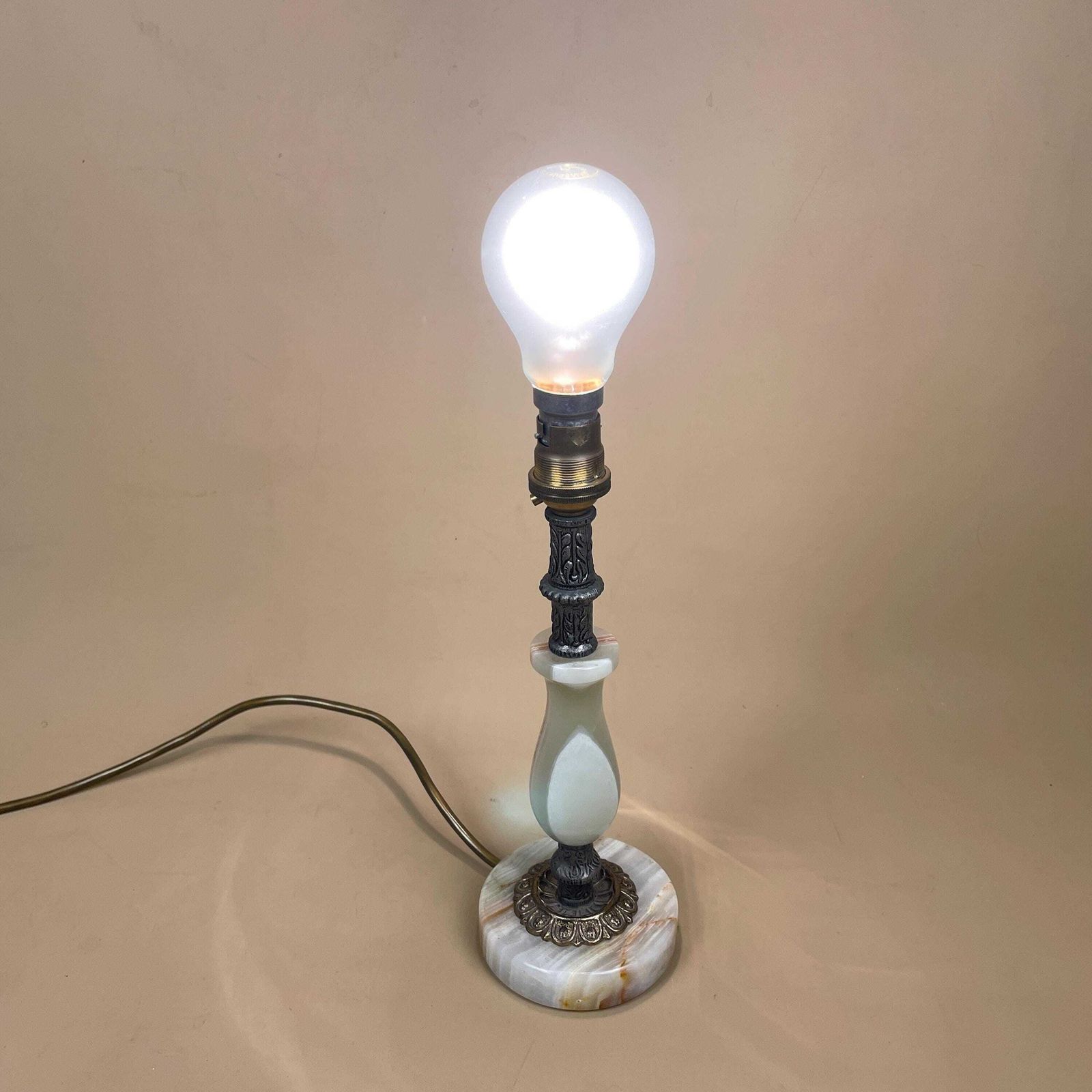 Antique Green Onyx Marble Lamp Light Bedside Brass Gold Metal Ornate Vintage Round Base Marbled Pattern Classic Column Natural photo vintage