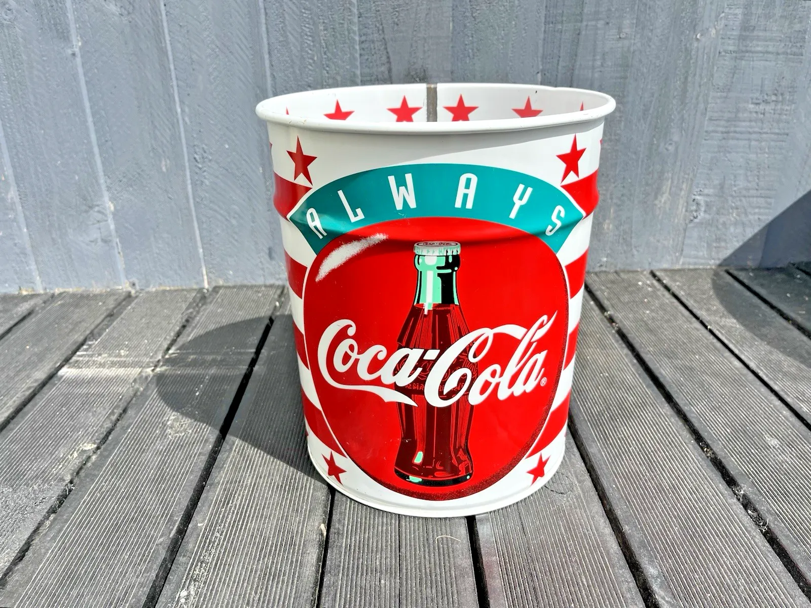 photo vintage Rare Vintage 1994 Always Coca Cola 90's Drinks Advertising Metal Waste Paper Bin