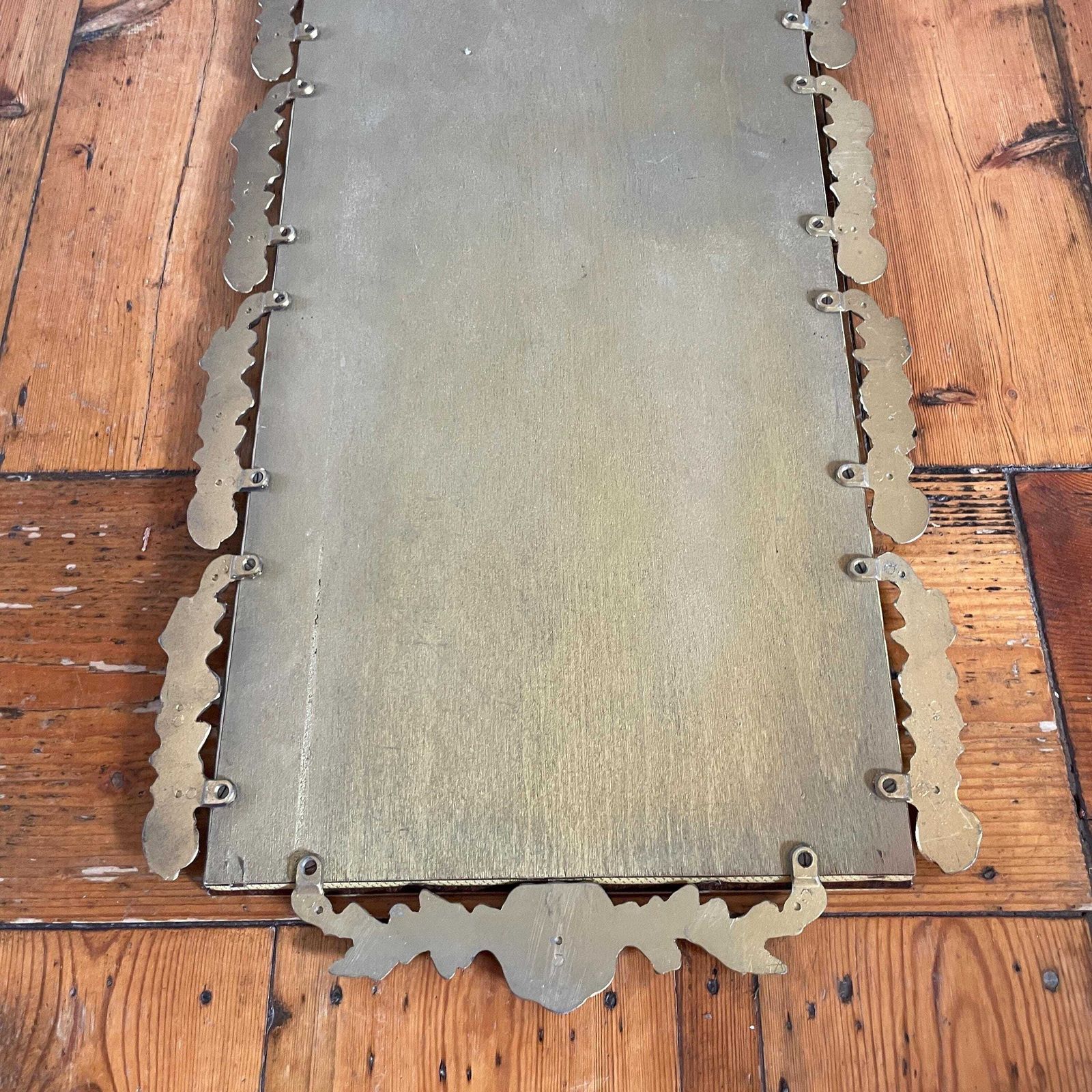 Vintage Brass Rococo Wall Mirror Ornate Metal Frame Arched Top C.1950s French Hollywood Regency Style Mirror Decorative Antique Gold Decor photo vinterior