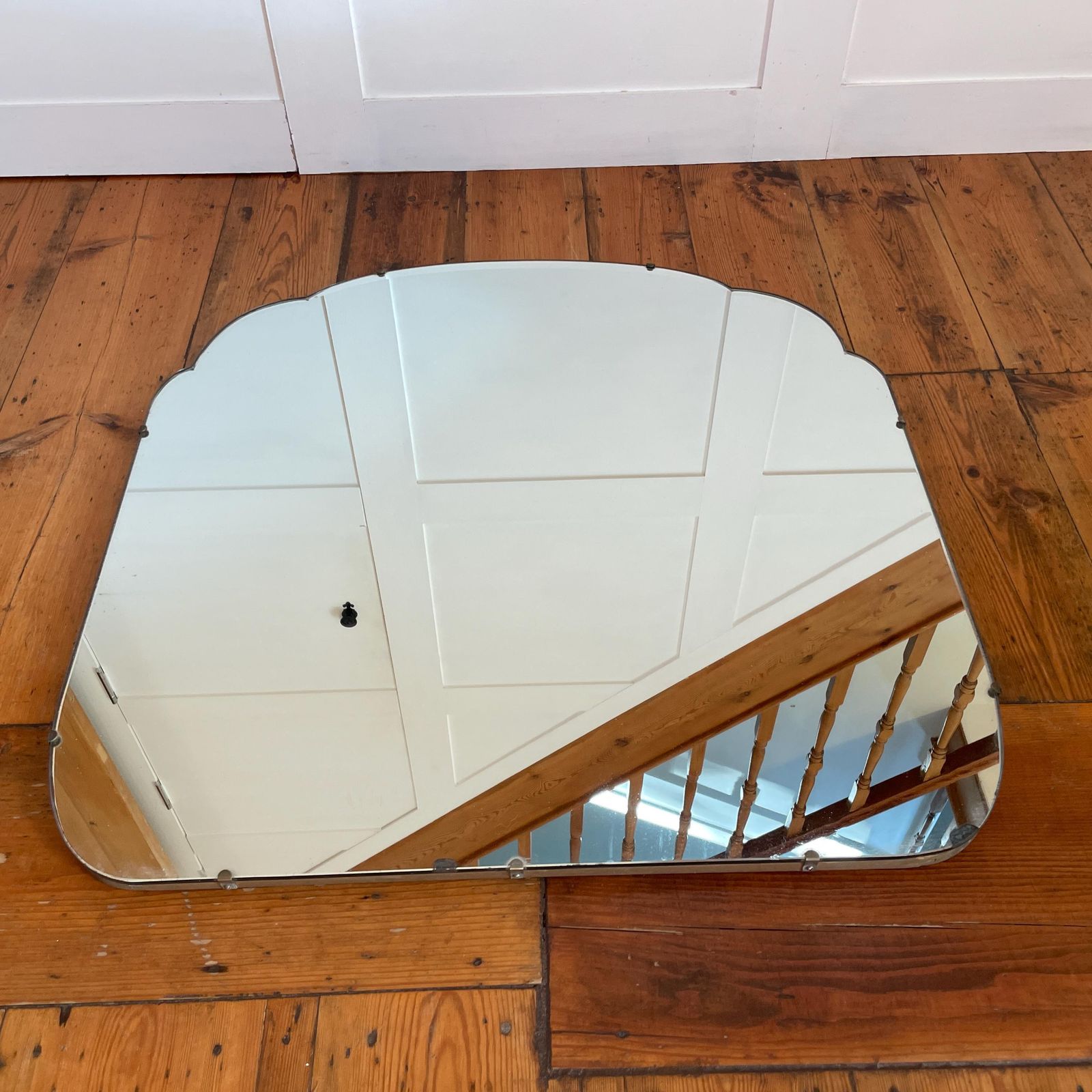 Antique Art Deco Wall Mirror Scalloped Edge C.1930s Vintage Original Wood Backing Classic Geometric Vanity Or Hallway Mirror Large Heavy photo furniture