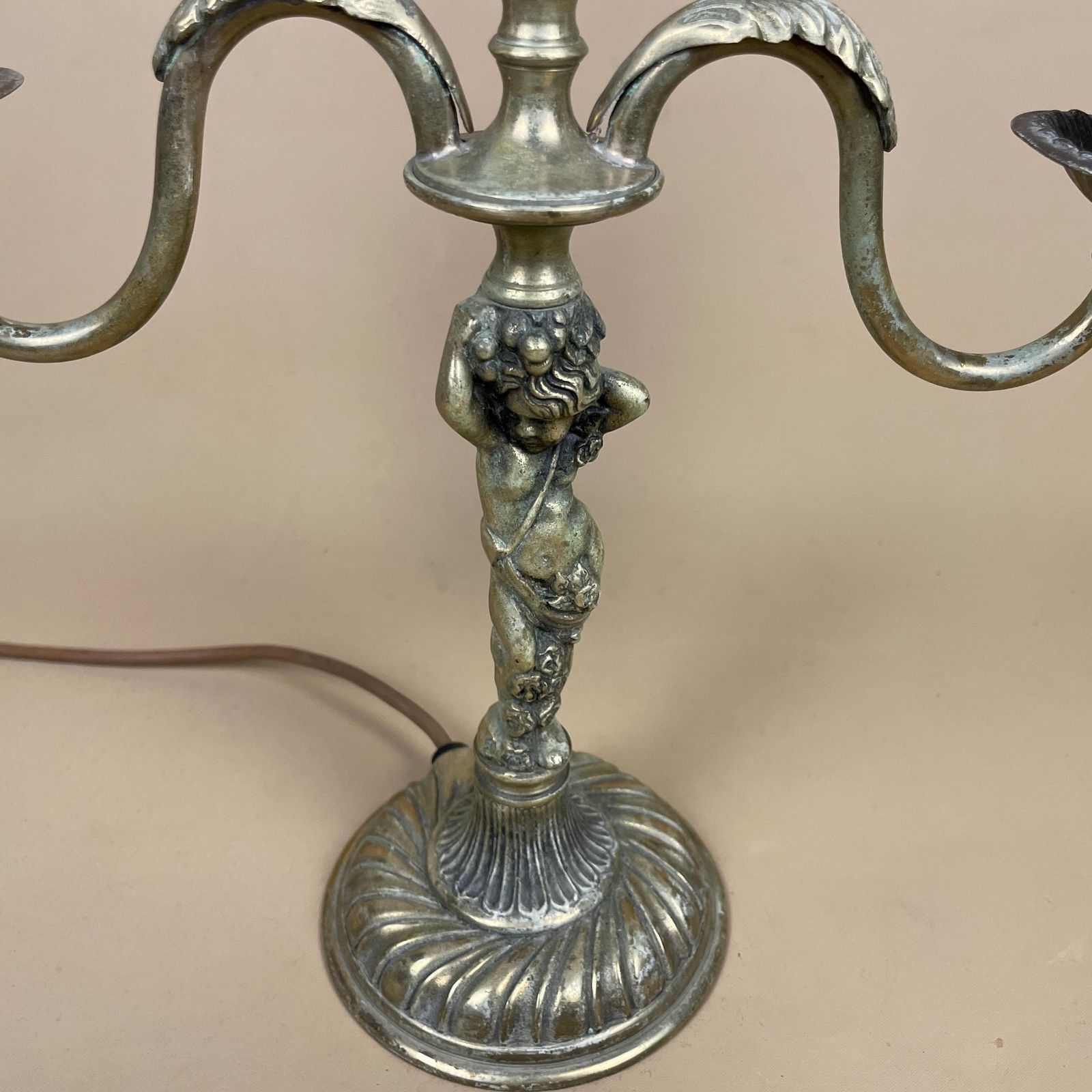 Antique Lamp Light Bedside Side Table Desk Detail Vintage Pattern Cherub Baby Gold Brass Metal Ornate Pattern 2 Arms Round Base Classic photo for sale