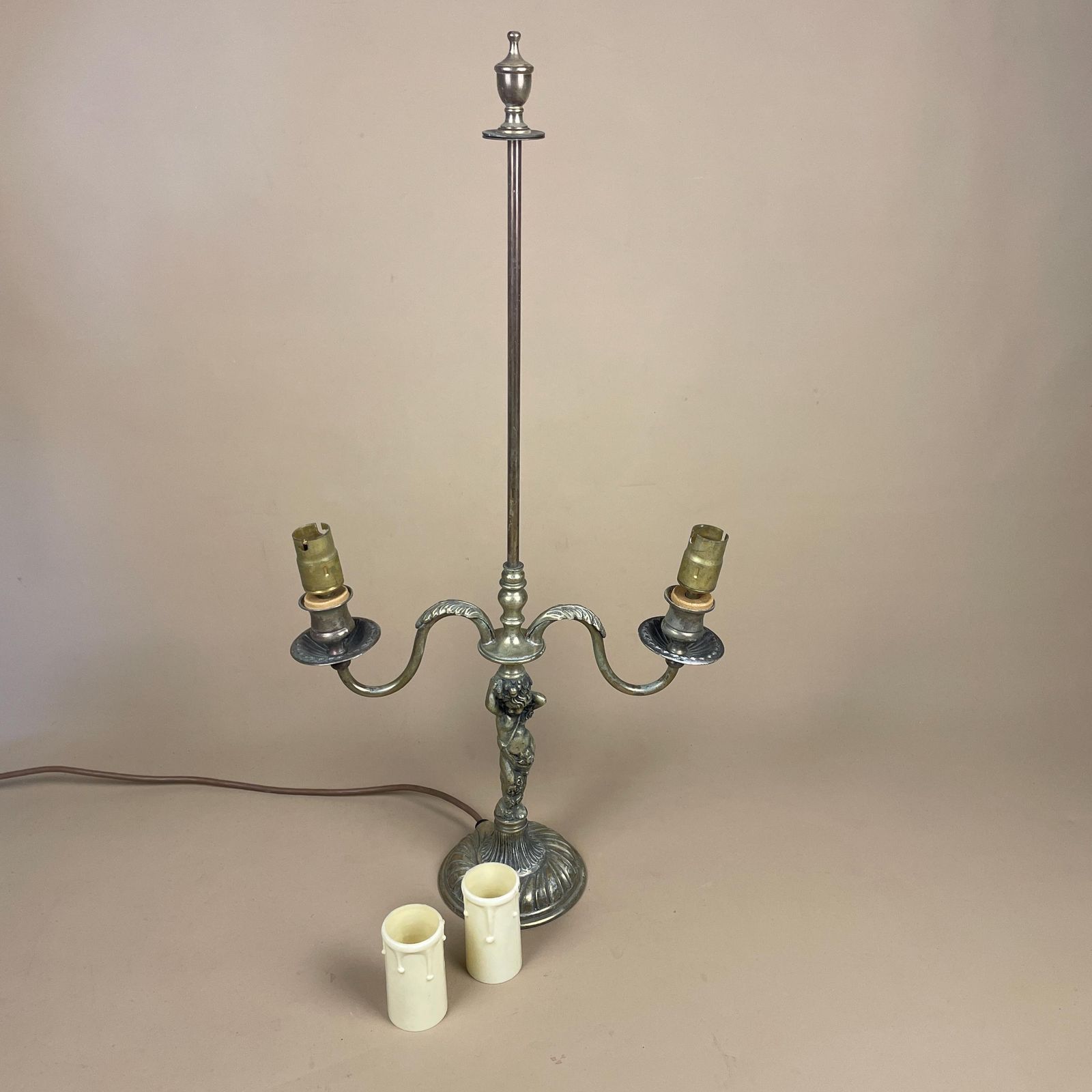 Antique Lamp Light Bedside Side Table Desk Detail Vintage Pattern Cherub Baby Gold Brass Metal Ornate Pattern 2 Arms Round Base Classic photo buy