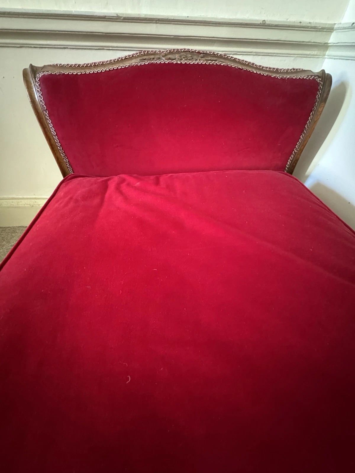 Antique French Carved Wood Day Bed, Upholstered In Red Velvet