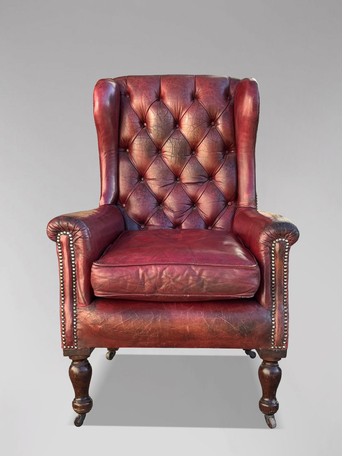 Untouched 19th Century Victorian Period Red Leather Wing Armchair photo furniture