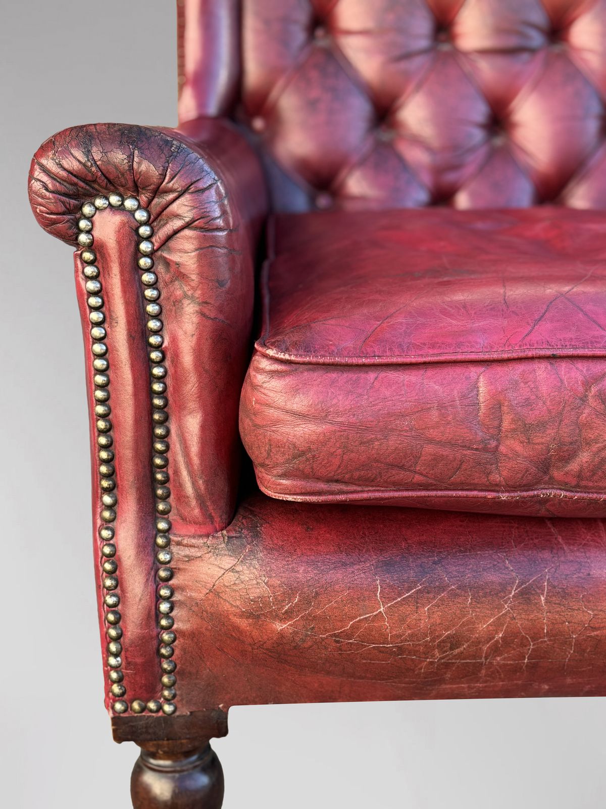 Untouched 19th Century Victorian Period Red Leather Wing Armchair photo for sale