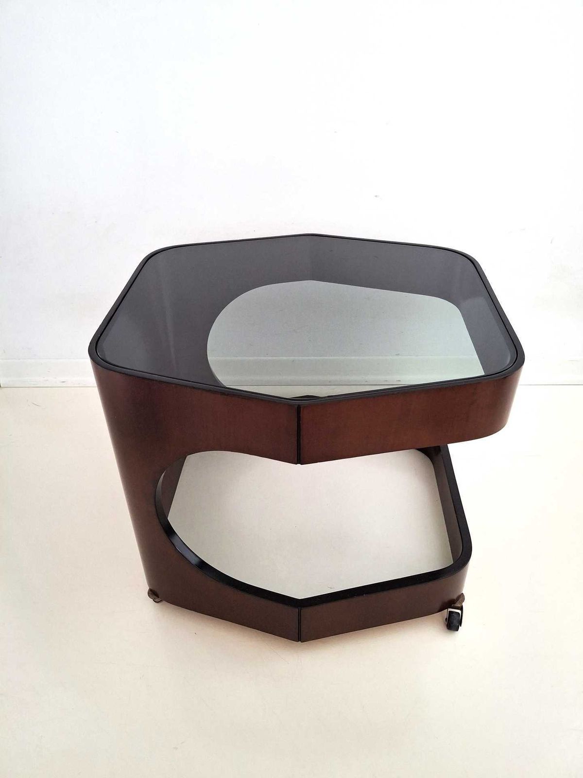 photo for sale Vintage Italian Coffee Table On Casters – 1970s Design – Smoked Glass & Curved Plywood