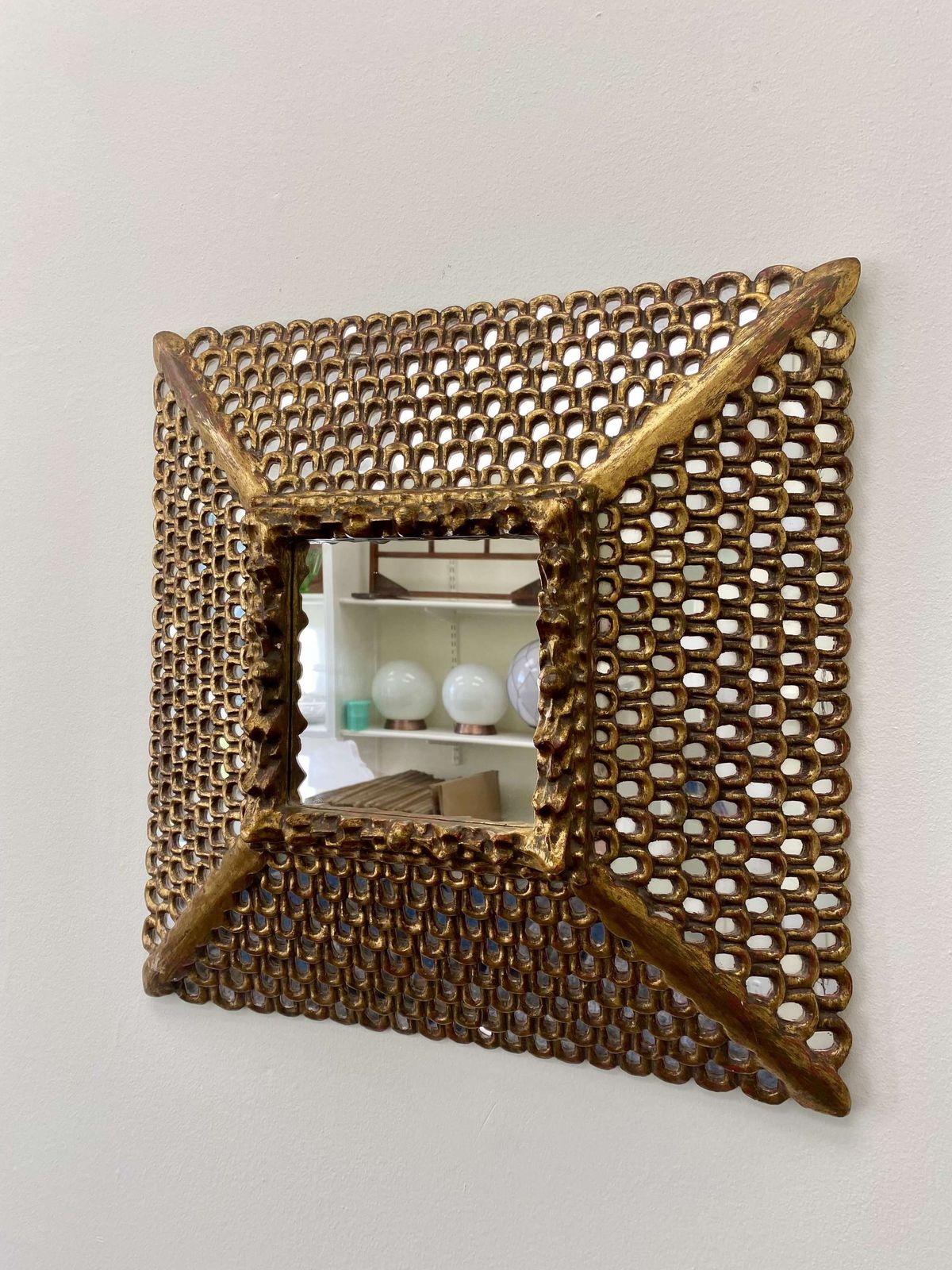 Spanish Colonial Gilt Carved Wood Mirror With Mosaic Mirror Inlays photo furniture