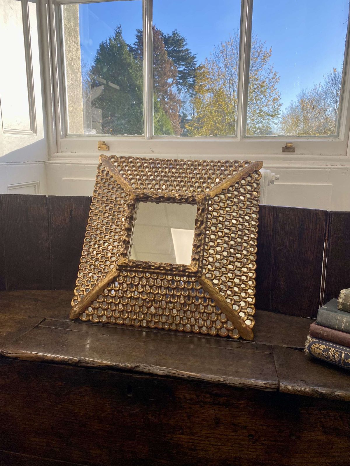 photo for sale Spanish Colonial Gilt Carved Wood Mirror With Mosaic Mirror Inlays