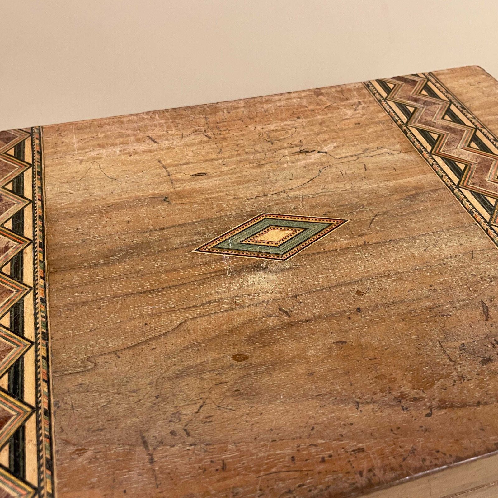 Antique Inlaid Marquetry Box Wooden Writing Box Anglo Indian Desk Jewellery Trinket Storage Chest Handcrafted Intricate Blue Velvet Lining photo furniture
