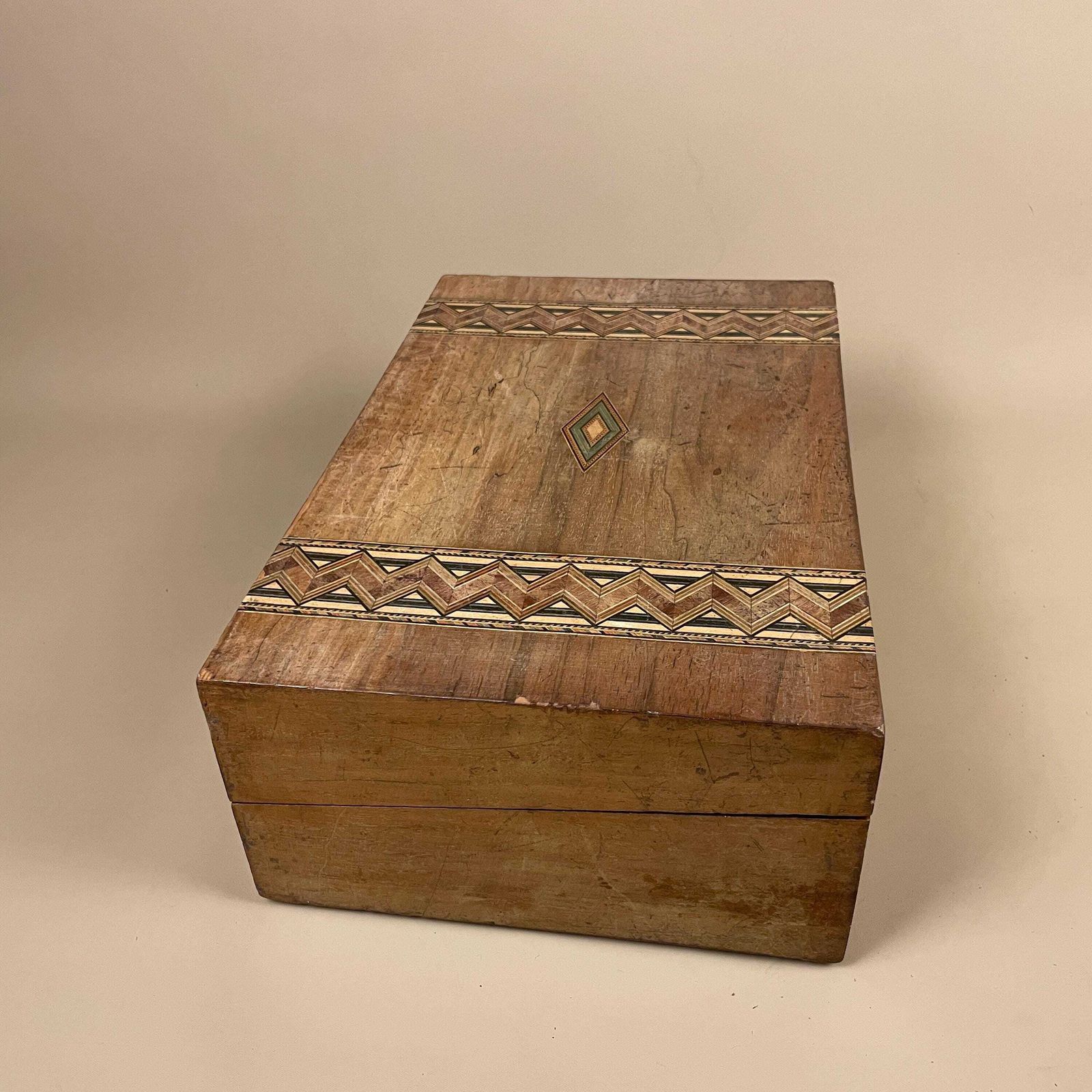 Antique Inlaid Marquetry Box Wooden Writing Box Anglo Indian Desk Jewellery Trinket Storage Chest Handcrafted Intricate Blue Velvet Lining photo Home Decor