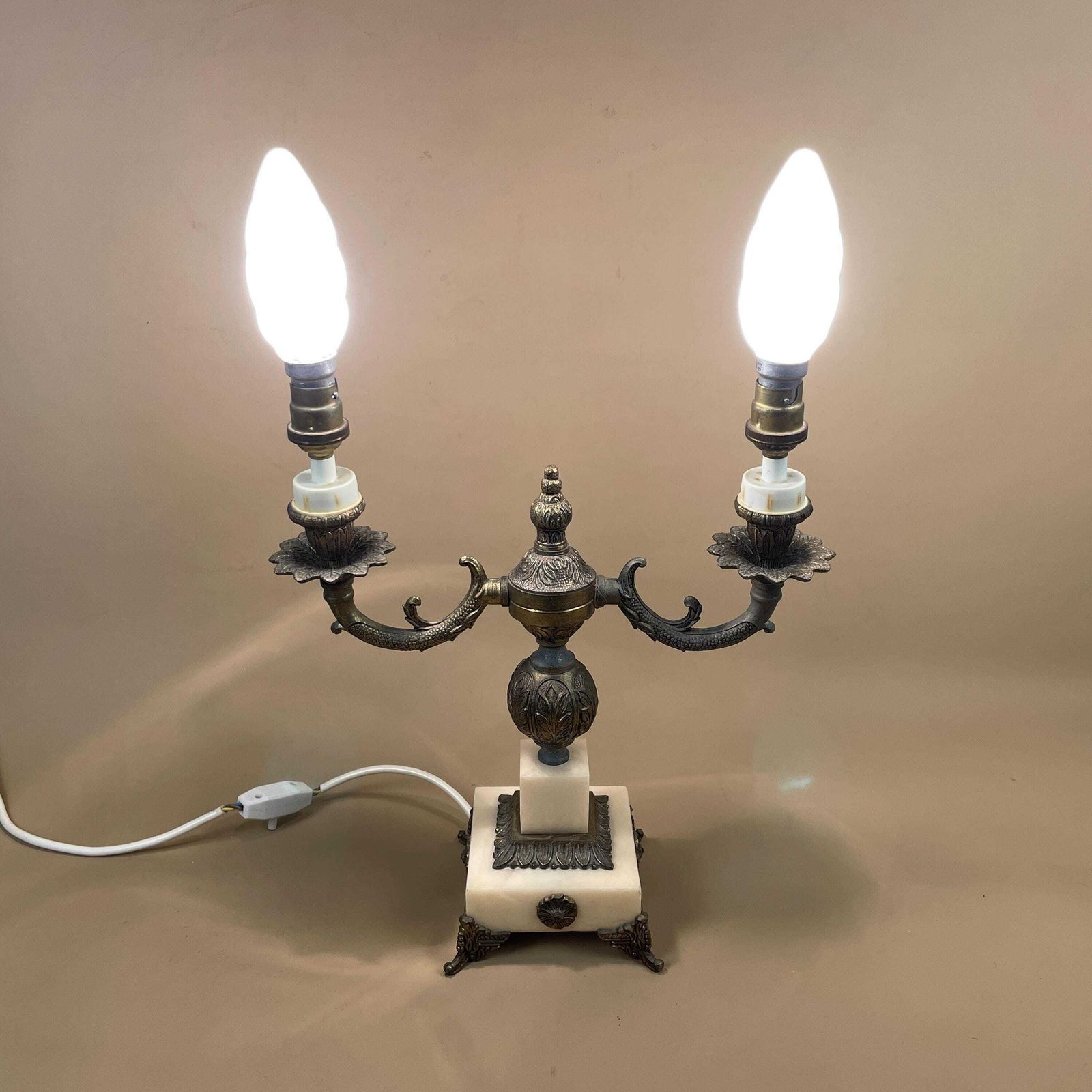 Antique Onyx Marble Lamp Light Brass Metal Gold Ornate Vintage Square Base Feet Marbled Cream Natural Classic 2 Arms Bulbs Candelabra photo Lighting