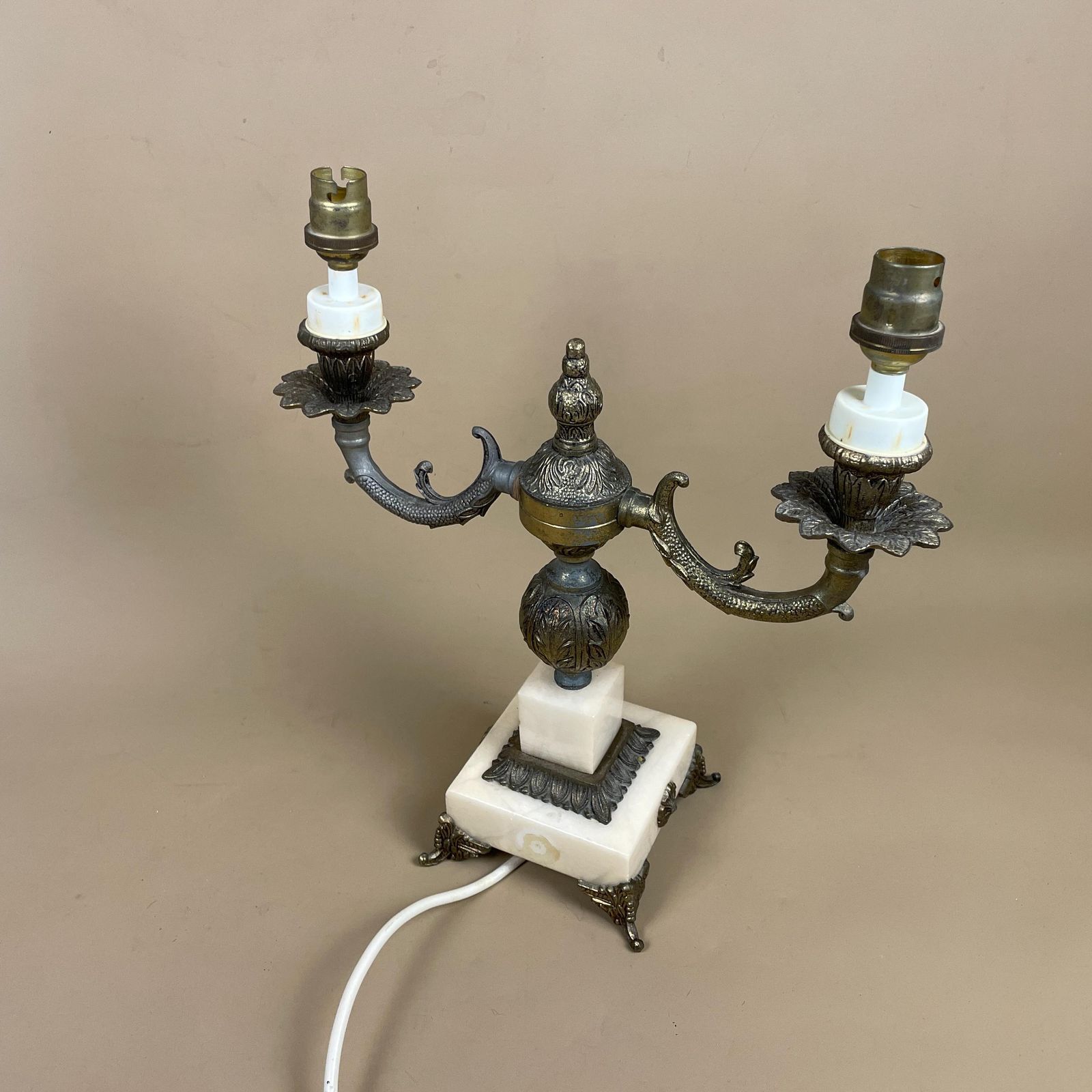 Antique Onyx Marble Lamp Light Brass Metal Gold Ornate Vintage Square Base Feet Marbled Cream Natural Classic 2 Arms Bulbs Candelabra photo buy