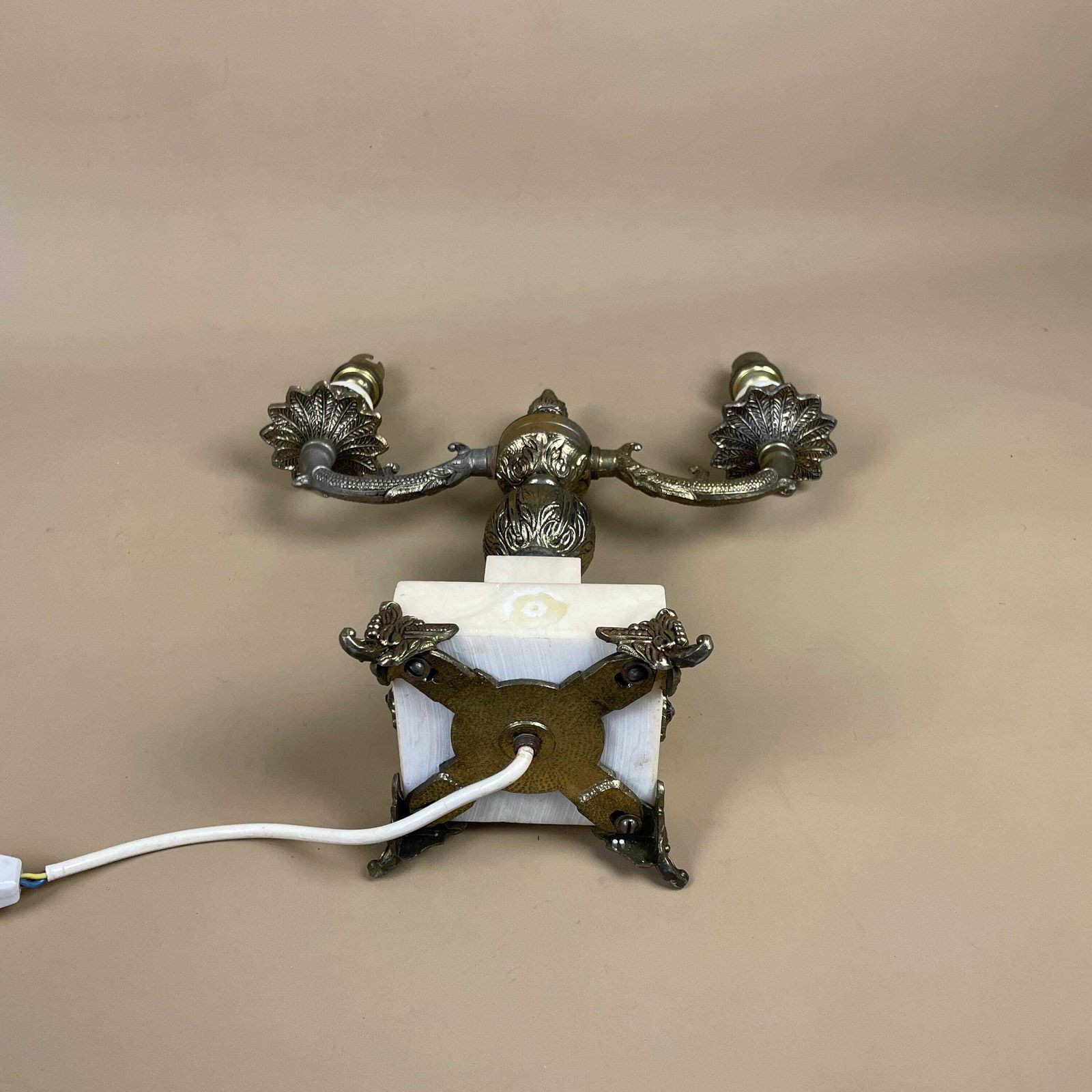 Antique Onyx Marble Lamp Light Brass Metal Gold Ornate Vintage Square Base Feet Marbled Cream Natural Classic 2 Arms Bulbs Candelabra photo vintage
