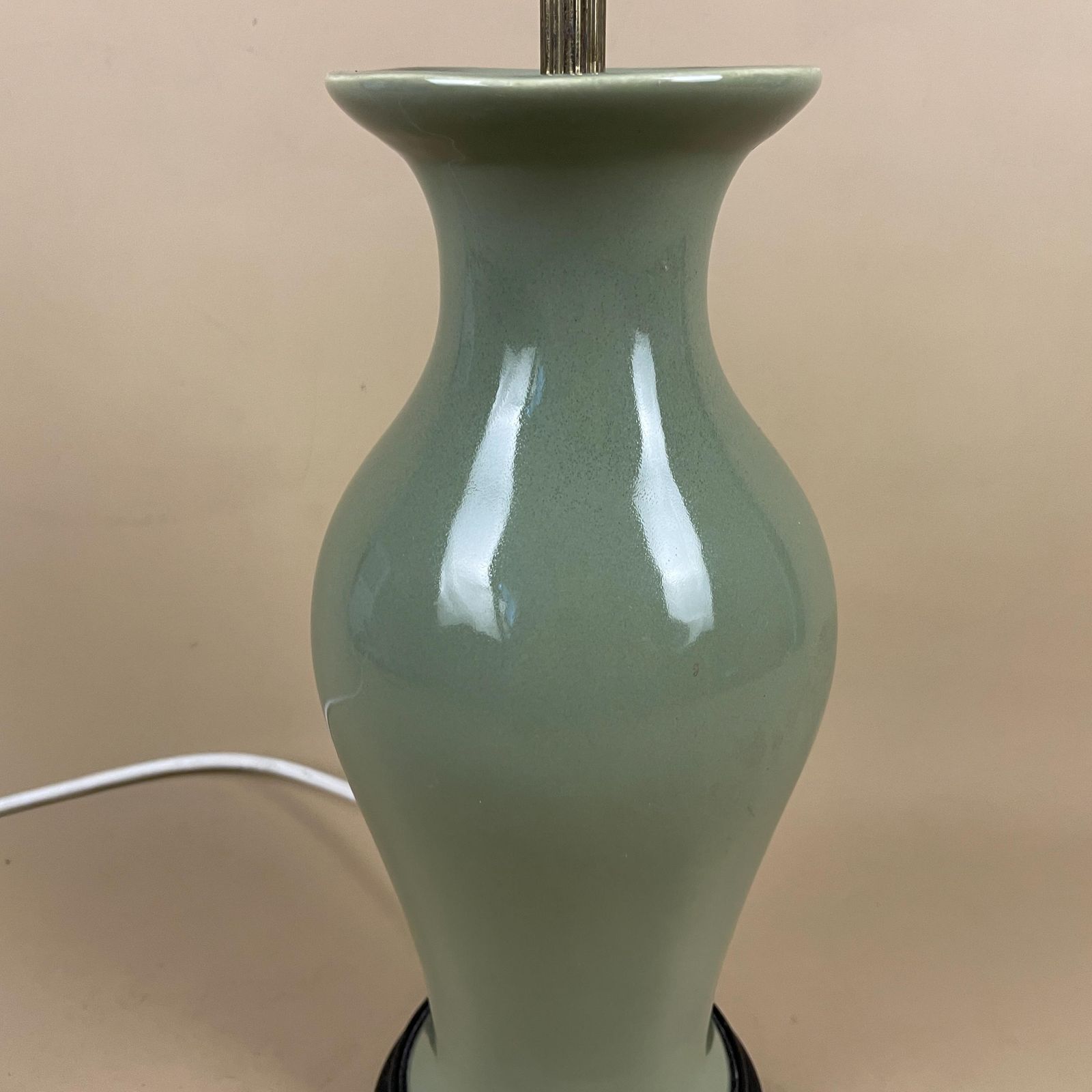Vintage Ceramic Lamp Light Bedside Table Wood Base Oriental Vase Green Antique Brass Gold Metal Trims Classic Medium photo for sale