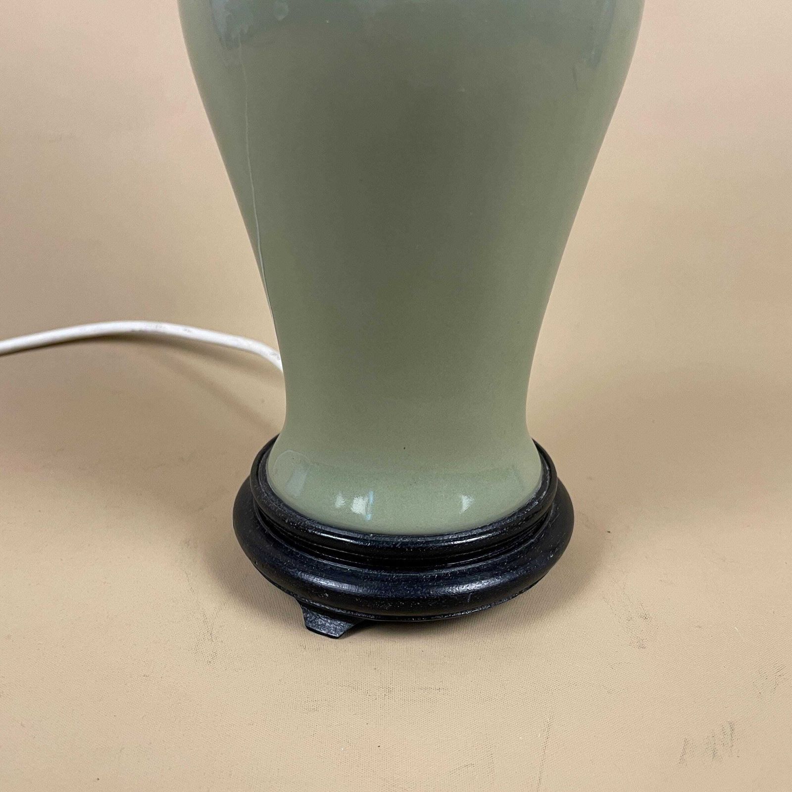 Vintage Ceramic Lamp Light Bedside Table Wood Base Oriental Vase Green Antique Brass Gold Metal Trims Classic Medium photo Lighting
