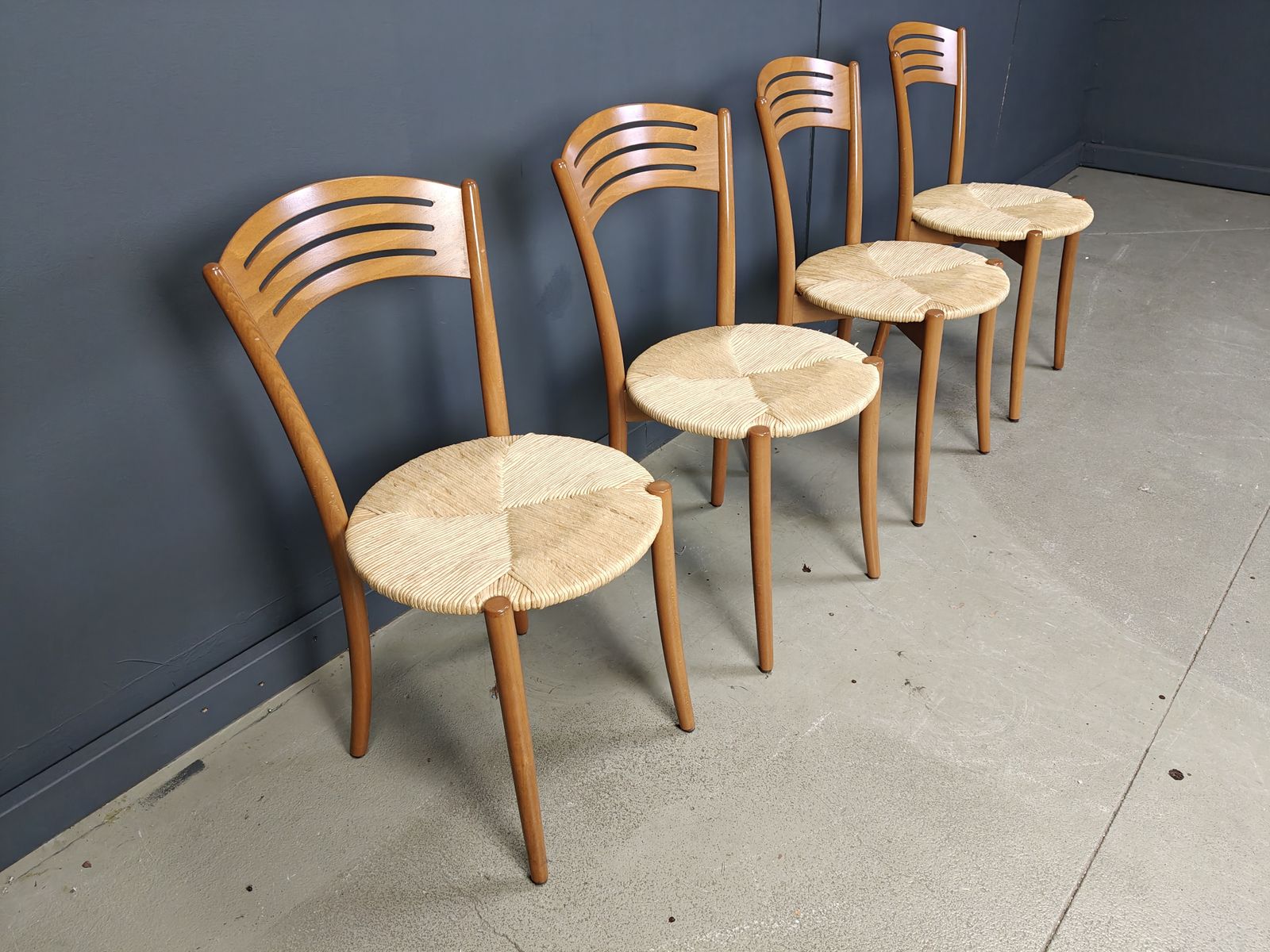 photo for sale Vintage Italian Bistro And Papercord Dining Chairs, 1980s