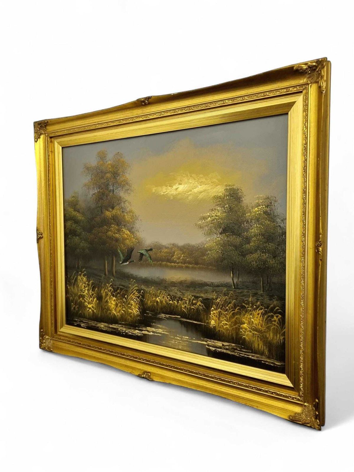 Vintage Oil Painting On Canvas / Landscape With Ducks In Flight / C1970 photo for sale