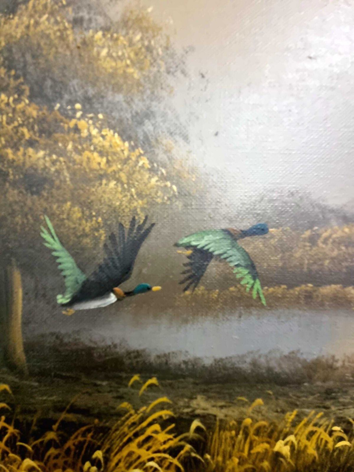 Vintage Oil Painting On Canvas / Landscape With Ducks In Flight / C1970 photo Art