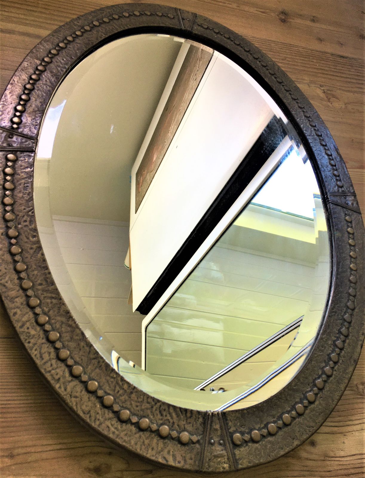 Antique Arts And Crafts Copper Brass Bronze Bevelled Mirror photo furniture