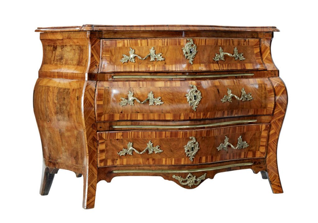 Early 19th Century Inlaid Walnut Rococo Bombe Chest Of Drawers photo furniture
