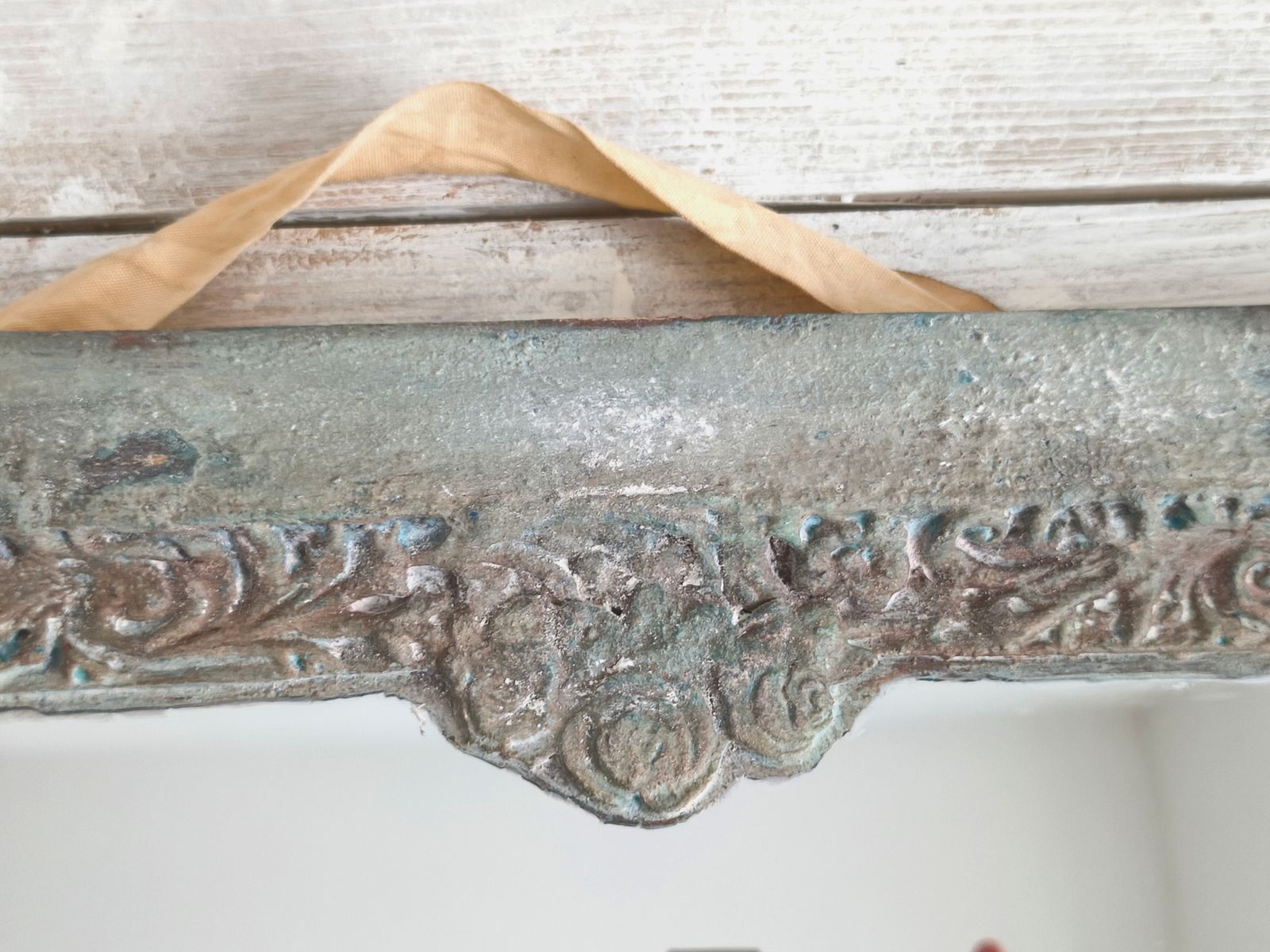 Romantic Blue Metal Wall Mirror With Floral Details And Hanging Ribbon, Distressed Shabby Chic Home Decor photo Home Decor