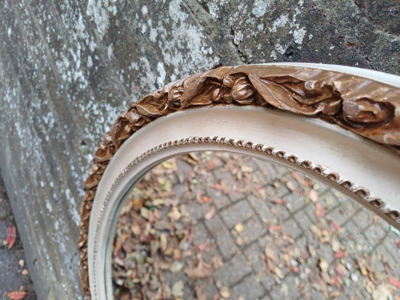 Elegant 1950s Oval Gold And Cream Painted Wall Mirror Bevelled Glass Antique Moulded Ornate Plaster Frame With Original Finish. photo for sale