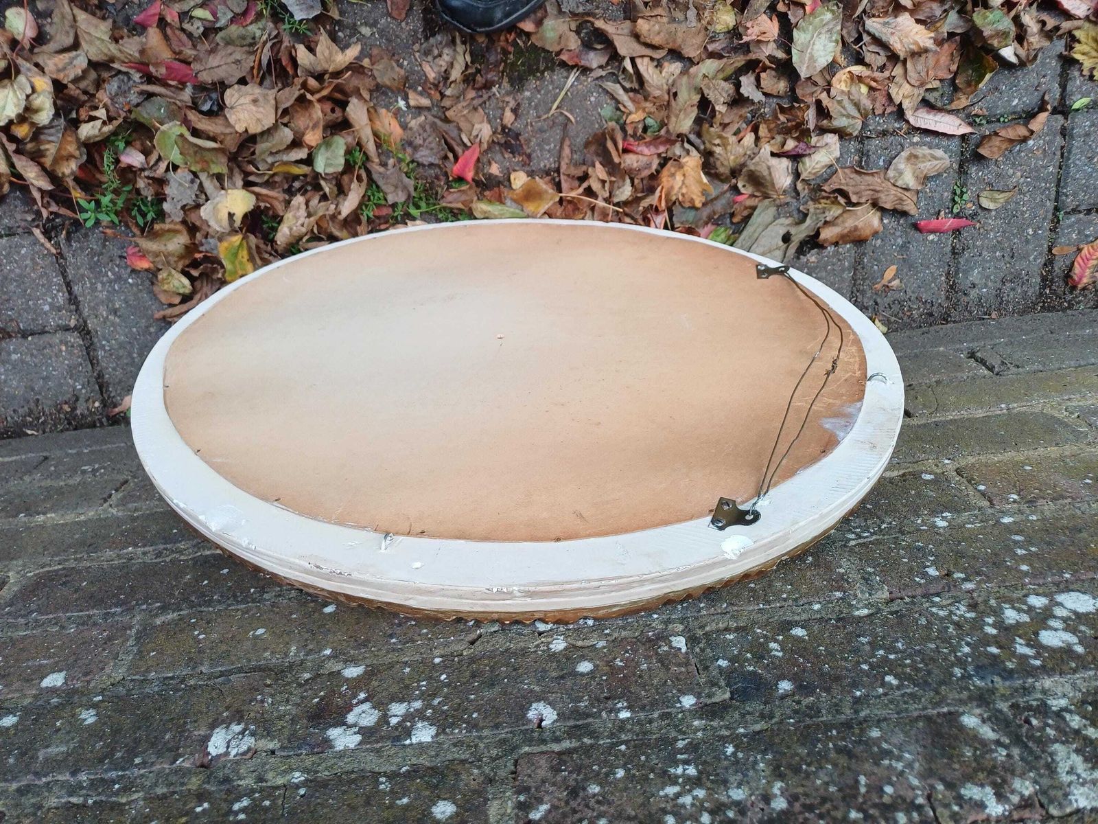 Elegant 1950s Oval Gold And Cream Painted Wall Mirror Bevelled Glass Antique Moulded Ornate Plaster Frame With Original Finish. photo buy