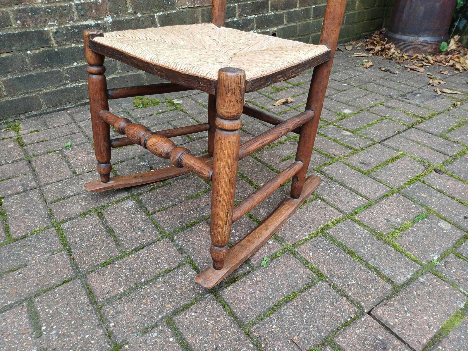 Antique Ladder Back Rocking Chair With Rush Seat | Early 1900s Elm Rocker | Country Farmhouse Chair | Rustic English Heritage photo Furniture