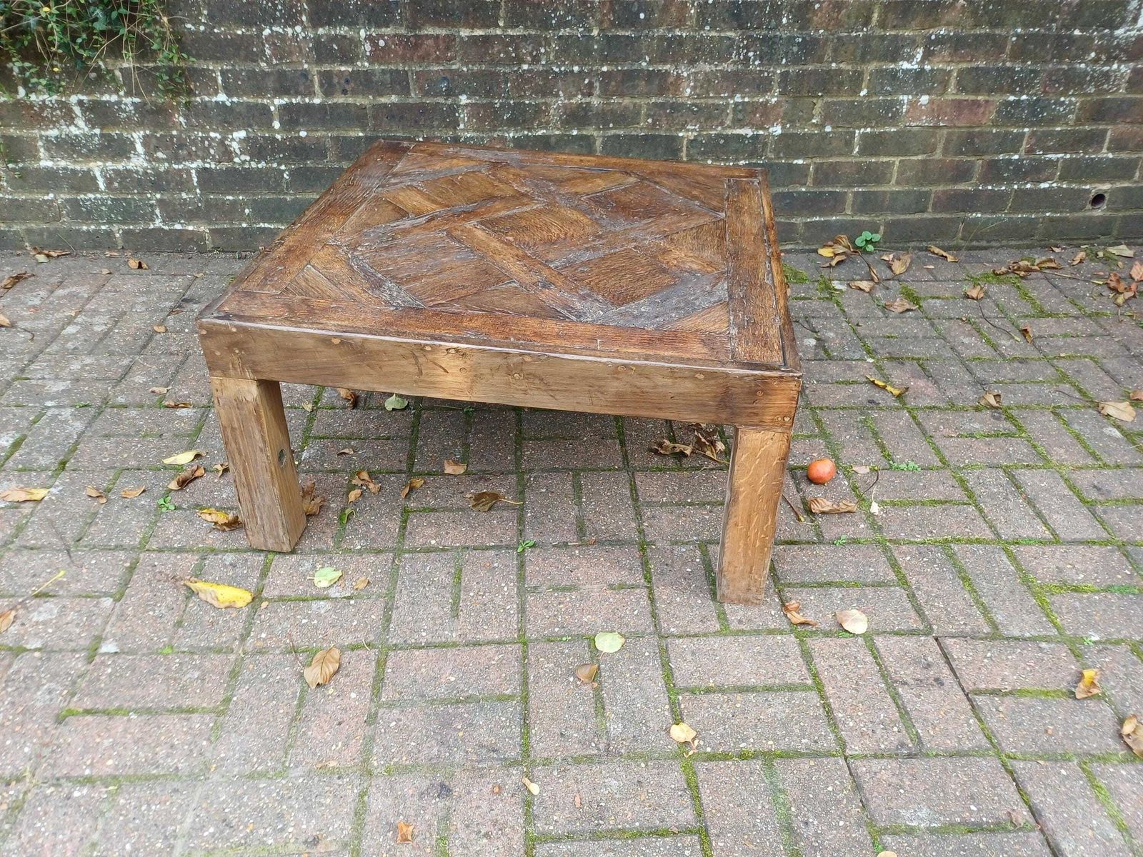 photo for sale Rustic Reclaimed Oak And Pine Coffee Table With Parquet Top Vintage Country Farmhouse Table Aged Patina Handmade Design
