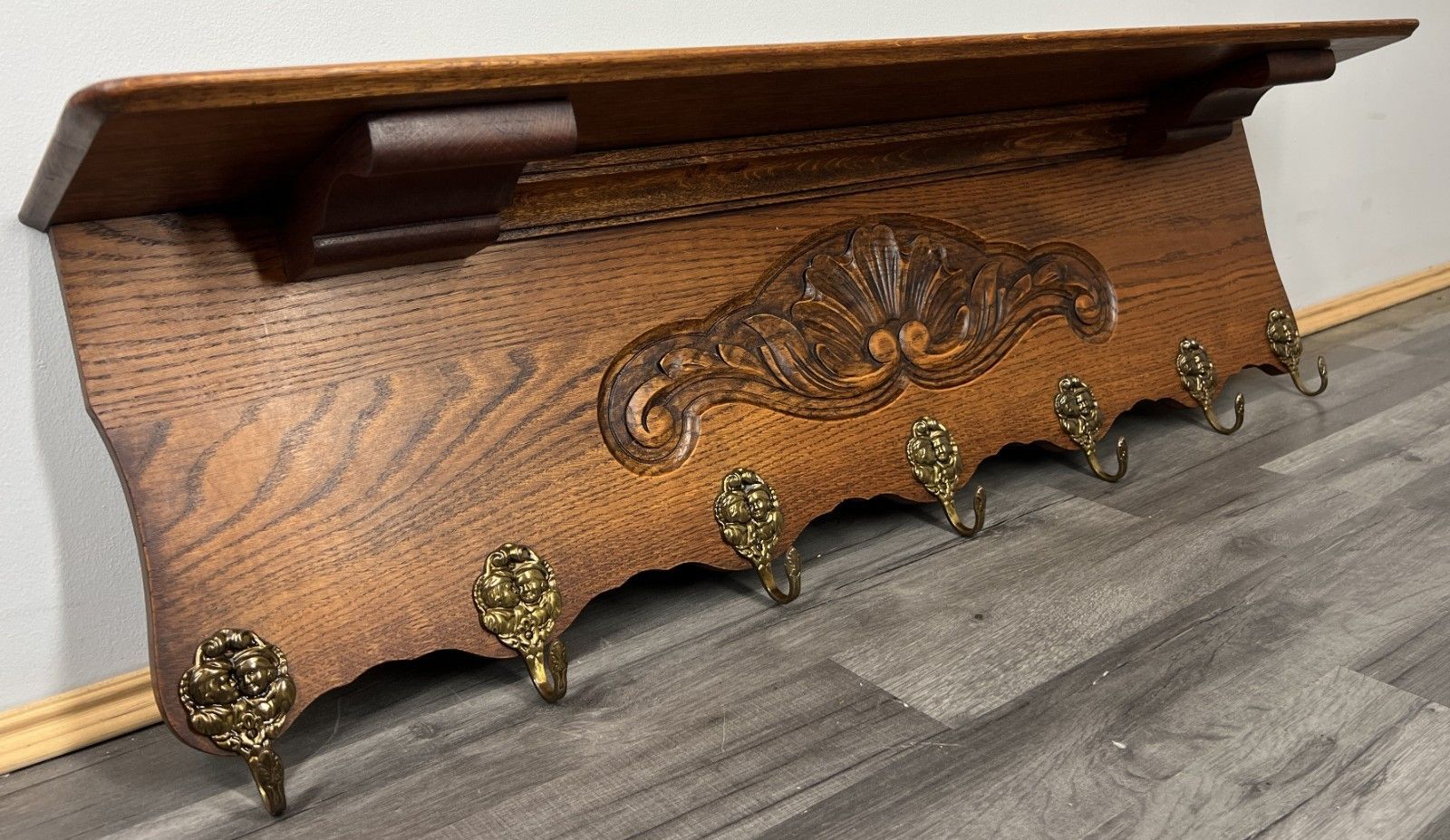 French Vintage Coat Rack Oak 7 Hooks Ornate Wall Shelf Carved Coat Lot 4216