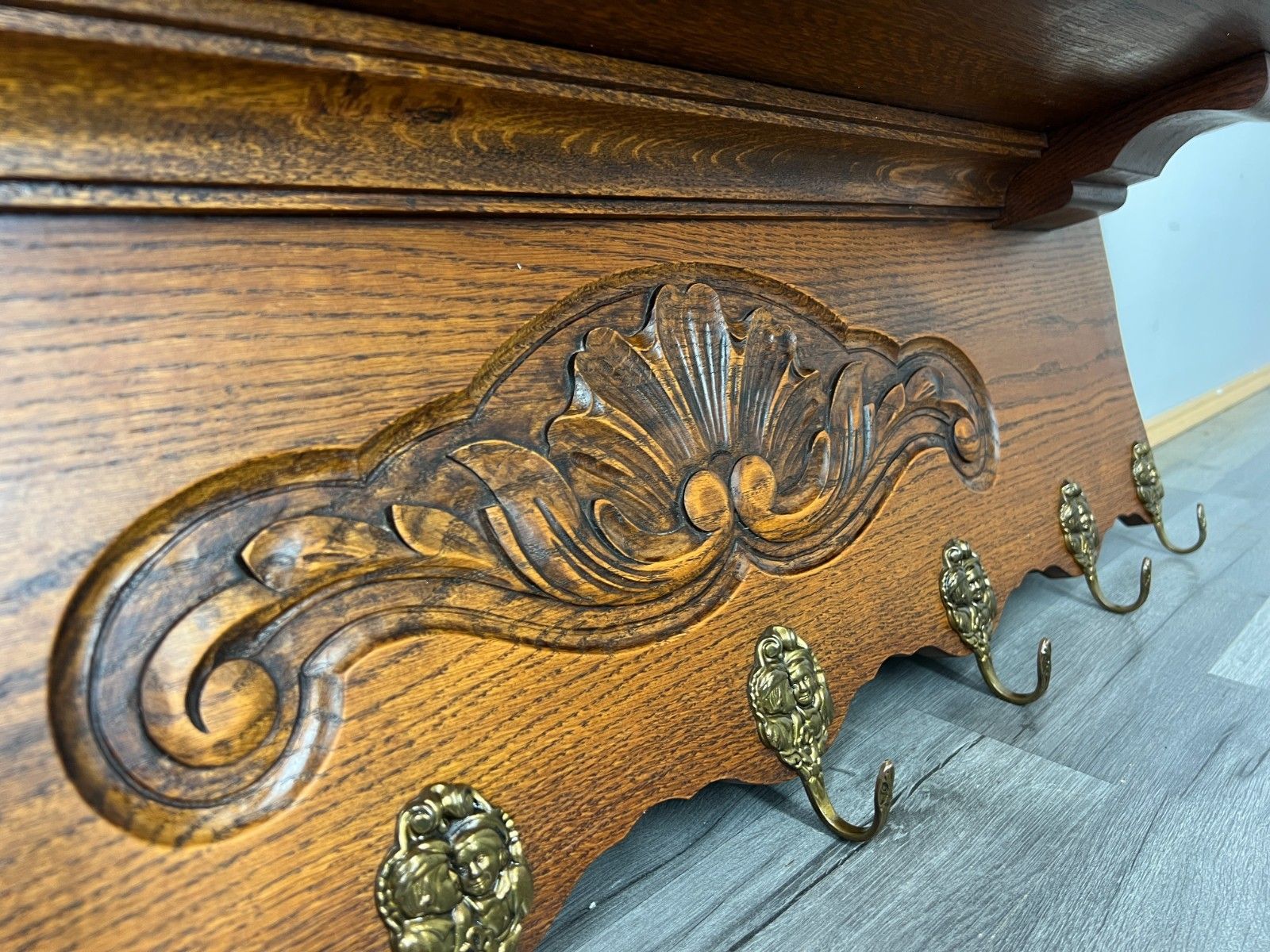French Vintage Coat Rack Oak 7 Hooks Ornate Wall Shelf Carved Coat Lot 4216 photo buy