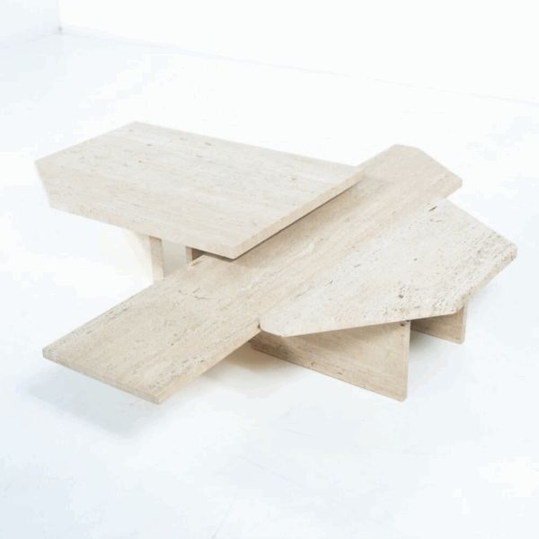 Large Asymmetrical Coffee Table Attributed To Willy Ballez, Travertine, 1970s photo vinterior